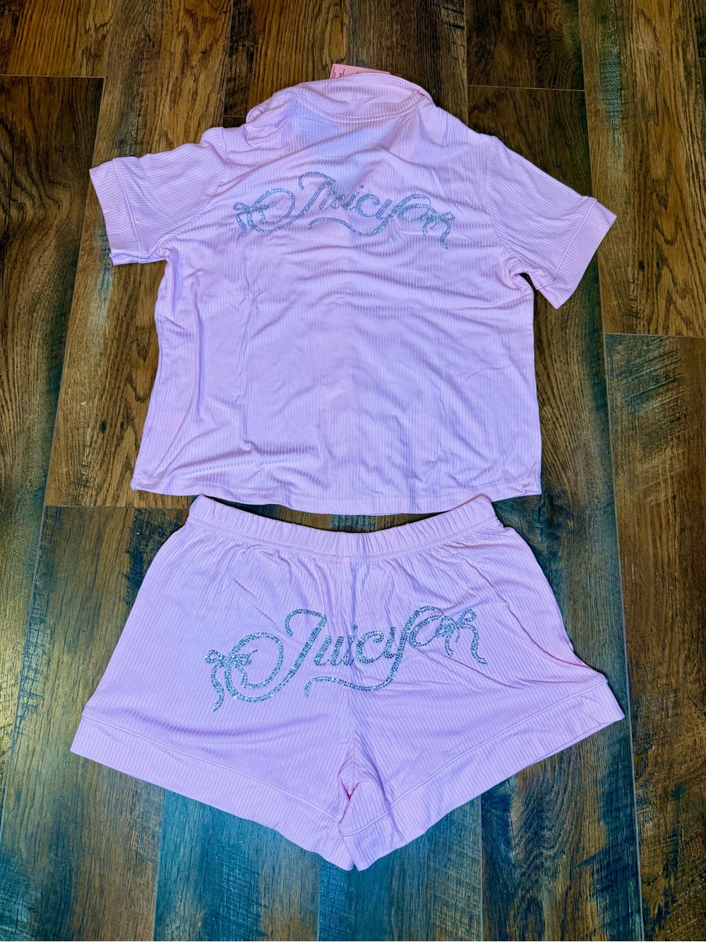 Juicy Couture Pink Ribbed Top & Shorts with crystal ‘Juicy’ Pajama Set